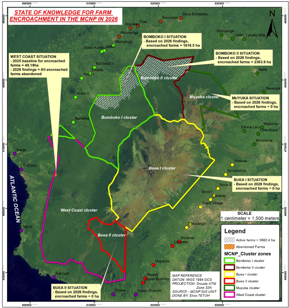 Map of Mount Cameroon National Park, showing areas where farms have encroached into the park.